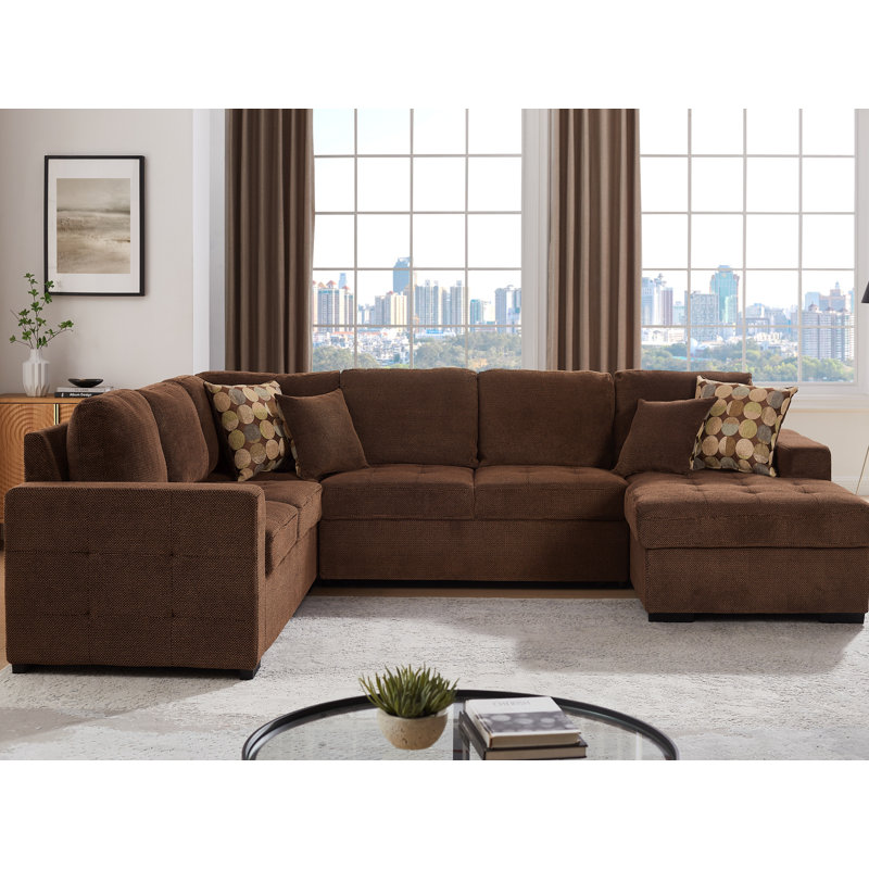 123" Oversized Sectional Sleepr Sofa U Shaped Sectional Sofa With Storage Chaise 4 Throw Pillows For Living Room, Dark Brown