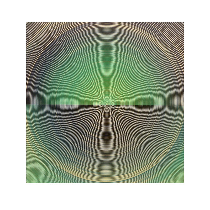 «Green Vibration», peinture acrylique par Ghanshyam Gupta - 30 po x 30 po, art abstrait avec cercles concentriques pour un décor spirituel moderne