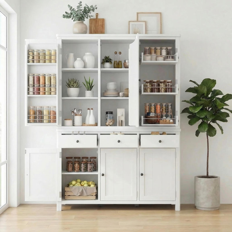 Armoire de cuisine de style Shaker de 53 po de largeur avec tablettes réglables et porte-bouteilles, Ivoire ivoire