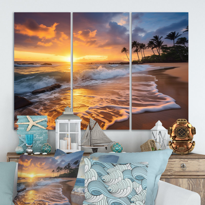 Plage, coucher de soleil, sérénade, impression sur toile tendue 3 pièces, H 40 po x l 60 po x P 1 po