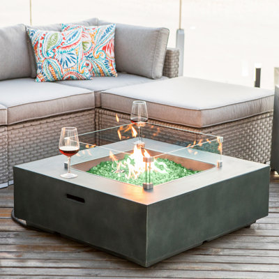 Outdoor Propane Square Fire Pit Table, Celadon Faux Stone 35-Inch Planter Base, 50,000 BTU Stainless Steel Burner, Green Fire Glass And Rain Cover, Me -  Wrought Studio™, A333E93D64F741C8950984DB5329FAD5