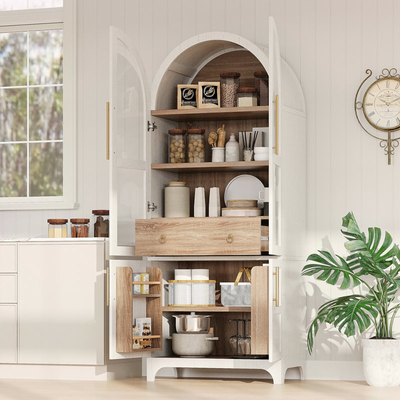 71" Tall Arched Kitchen Pantry Cabinet With Door Shelves, Farmhouse Kitchen Storage Cabinet With Open & Adjustable Shelves, Hidden Drawer & Glass Door, Cupboard For Kitchen, Dining Room