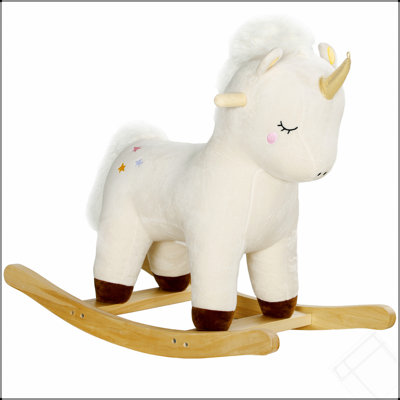 Qaba Rocking Horse, Plush Ride On Unicorn With Realistic Sound, Wooden Base, Toddler Rocking Horse For 2-4 Years