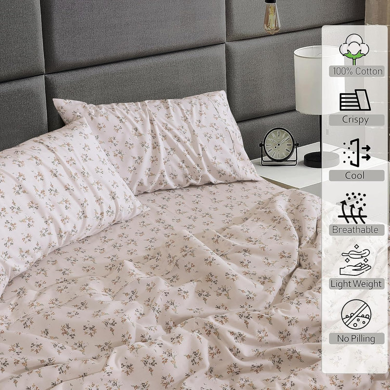 100% Cotton Sheets Sets Soft Crispy Percale Cooling Sheets 16 Inch Deep Pocket Bed Sheets, Twin Sheet Set with 1 Pillowcase