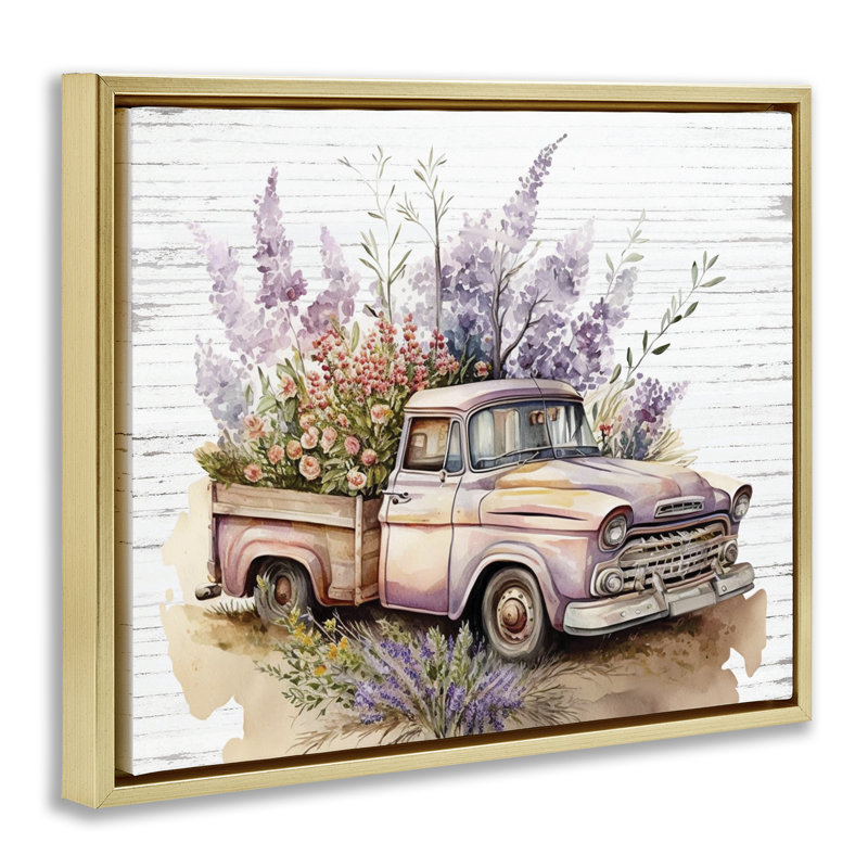 Art mural sur toile flottant lavande encadrée par camion avec lettres et lignes, Cadre flottant métallique doré