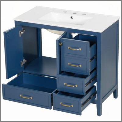 Meuble-lavabo 36 po avec lavabo, armoire de salle de bain avec porte à fermeture en douceur, 4 tiroirs de différentes tailles, structure et pied en bois massif, deux ensembles, bleu