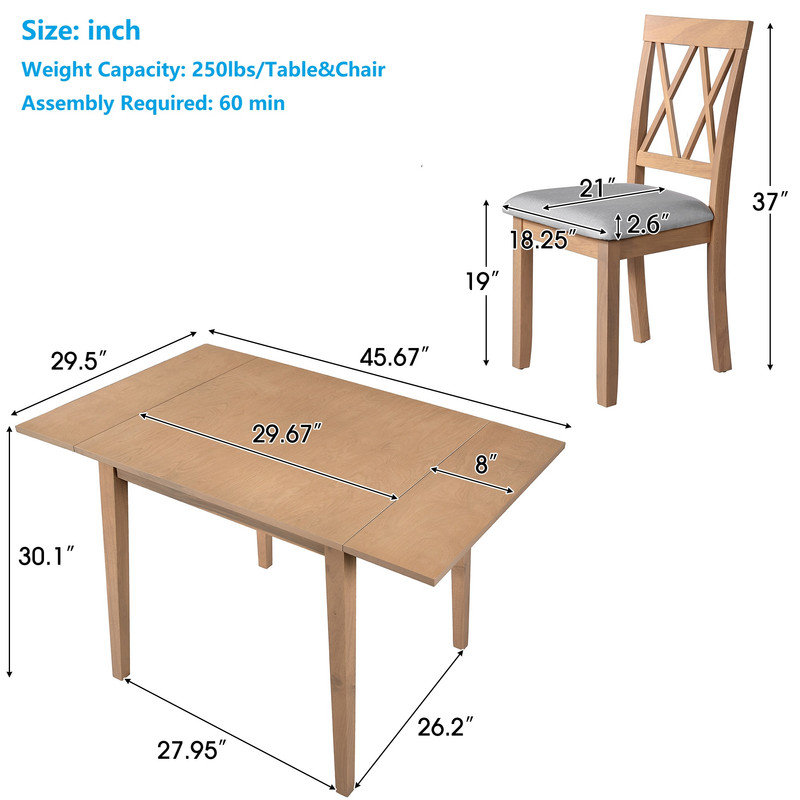 Ensemble de salle à manger pour 4 personnes avec abattant, Naturel