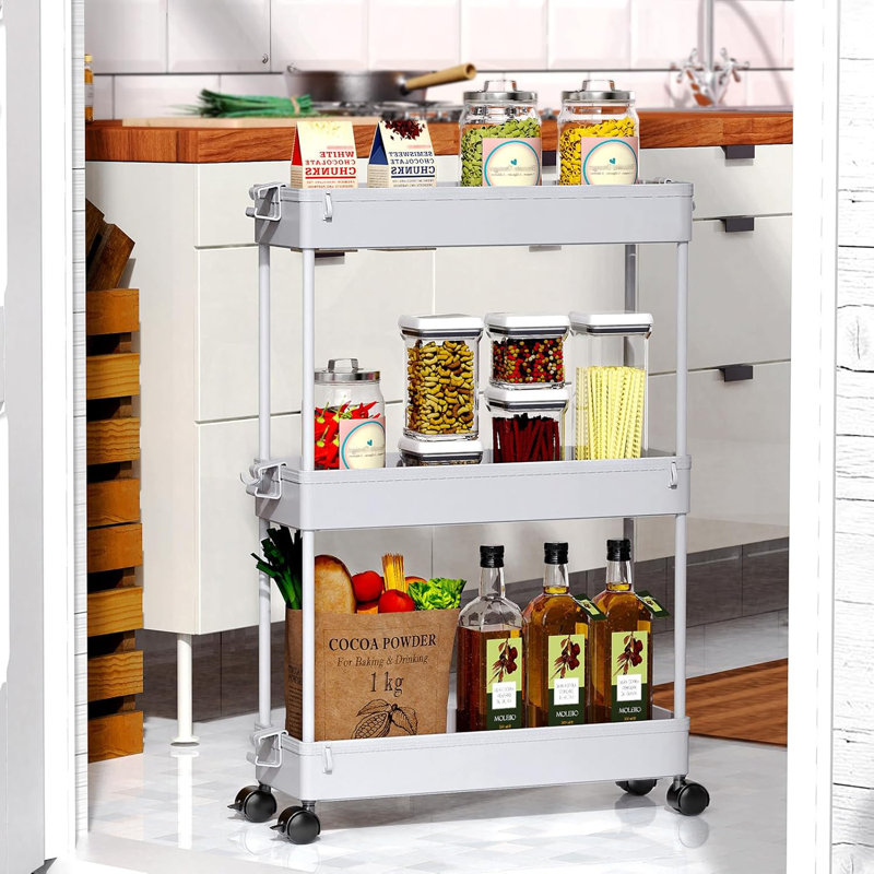 Slim Rolling Storage Cart, 3 Tier Storage Organizer Utility Cart Mobile Shelving Unit, Grey