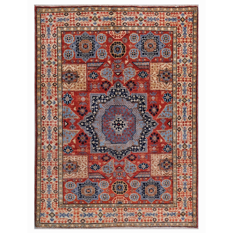 Tapis rouge et beige noué à la main de haute qualité