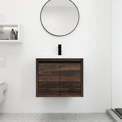 Armoire de salle de bain 24 po avec lavabo mural, noyer, armoire à montage sur pièce 24 po, fermeture douce, rangement élégant