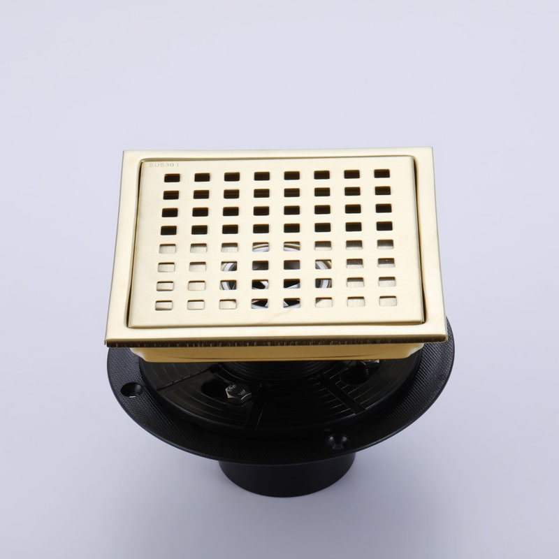 Drain de sol carré avec bride de douche en acier inoxydable, Brushed Gold