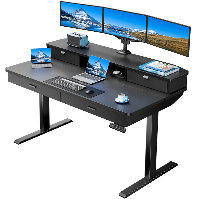 Height Adjustable Electric Standing Desk With Storage Shelf And Pull-Out Drawer, Modern Ergonomic Computer Workstation