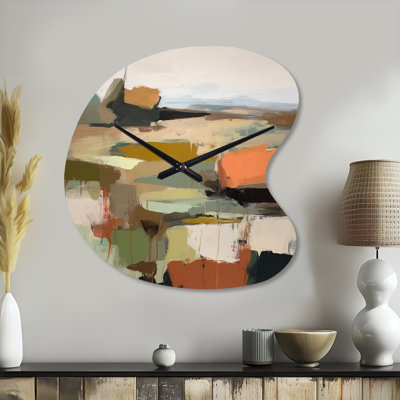 Green And Beige Transcending Reality III - Abstract Painting Asymmetrical Metal Clocks, Green Irregular Shape Metal Wall Clock Print