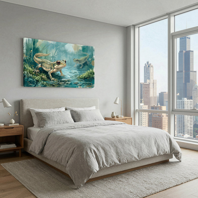 «Two Salamanders in Teal Marsh Water», art mural, 32“W x 16”H