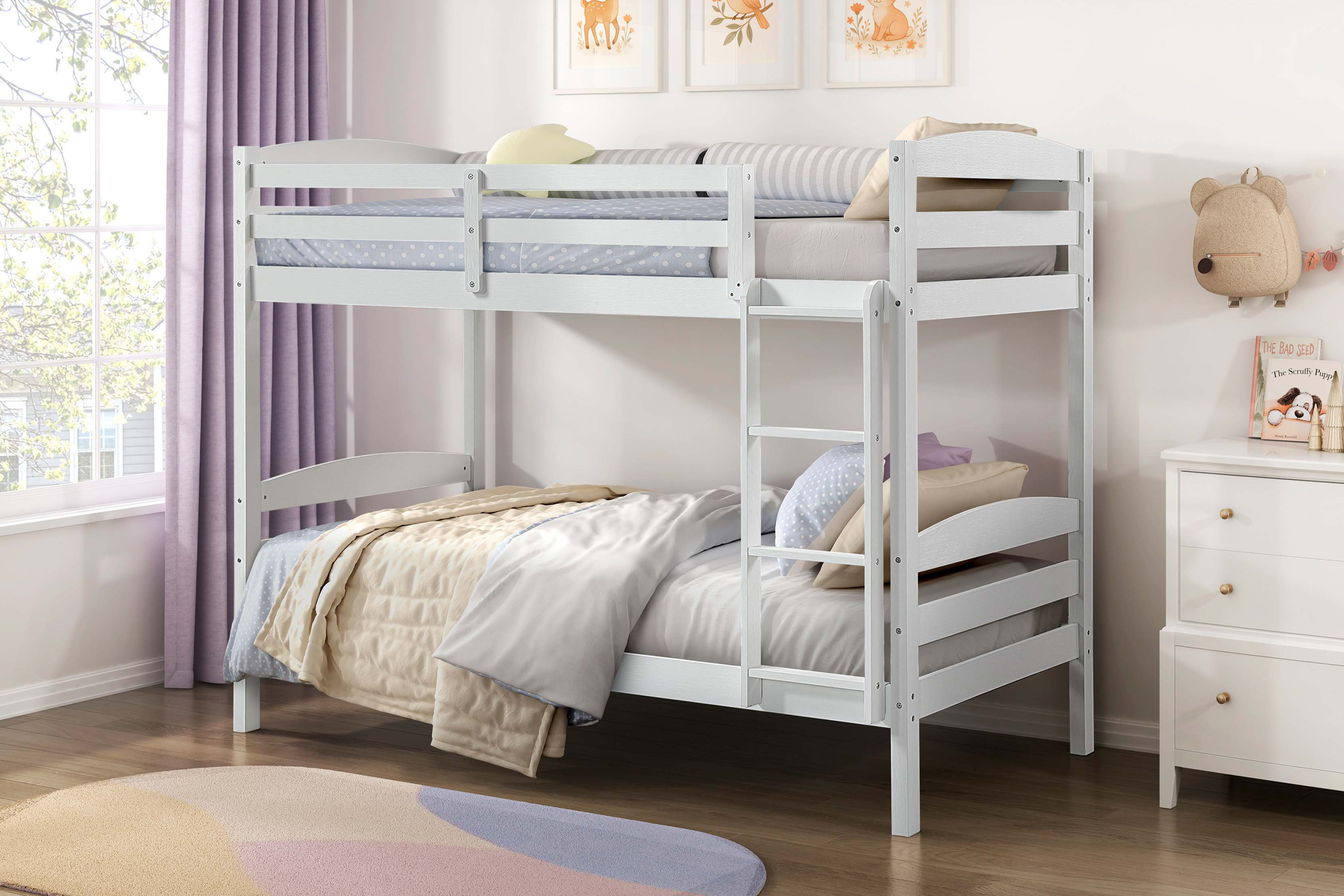 Ebern Designs Twin over Twin Bunk Bed with Guard Rails 1pc Sturdy Wood ...
