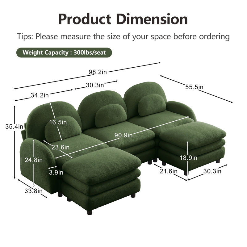 Canapé Teddy, H 35,4 po x l 98,2 po x P 55,5 po, Vert