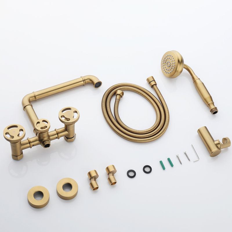 Antique Wall Mount Tub Filler Faucet with Hand Held Shower, Wall Mounted Roman Bath Tub Faucet Set , Brushed Gold