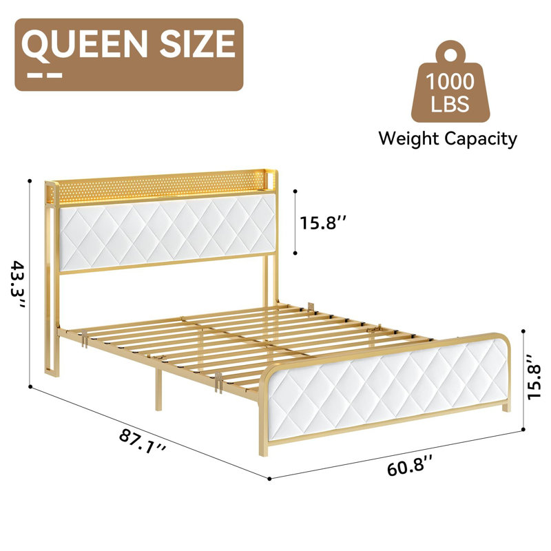 Bed Frame With Velvet Storage Headboard , Platform Bed Frame With Storage Charging Station LED Light Bed Frame, Queen, White