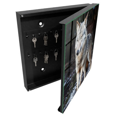 Decorative key box for wall, Opens to the left, 30x30x5, Black, A majestic wolf in a forest full of contrasts, 