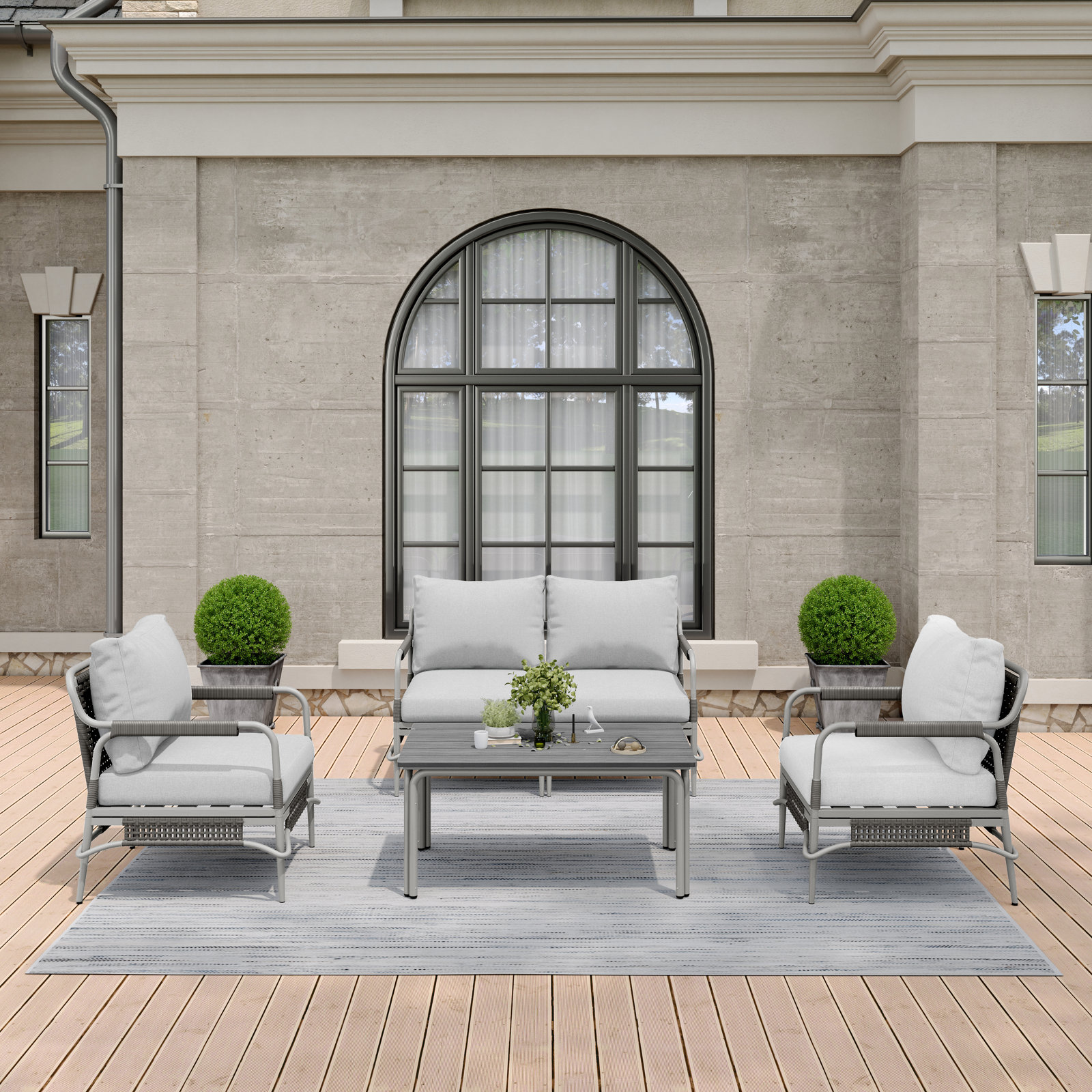 Hope 4-Person Sunbrella® Patio Seating Group, Light Gray Frame/Light Gray Polyester Cushion