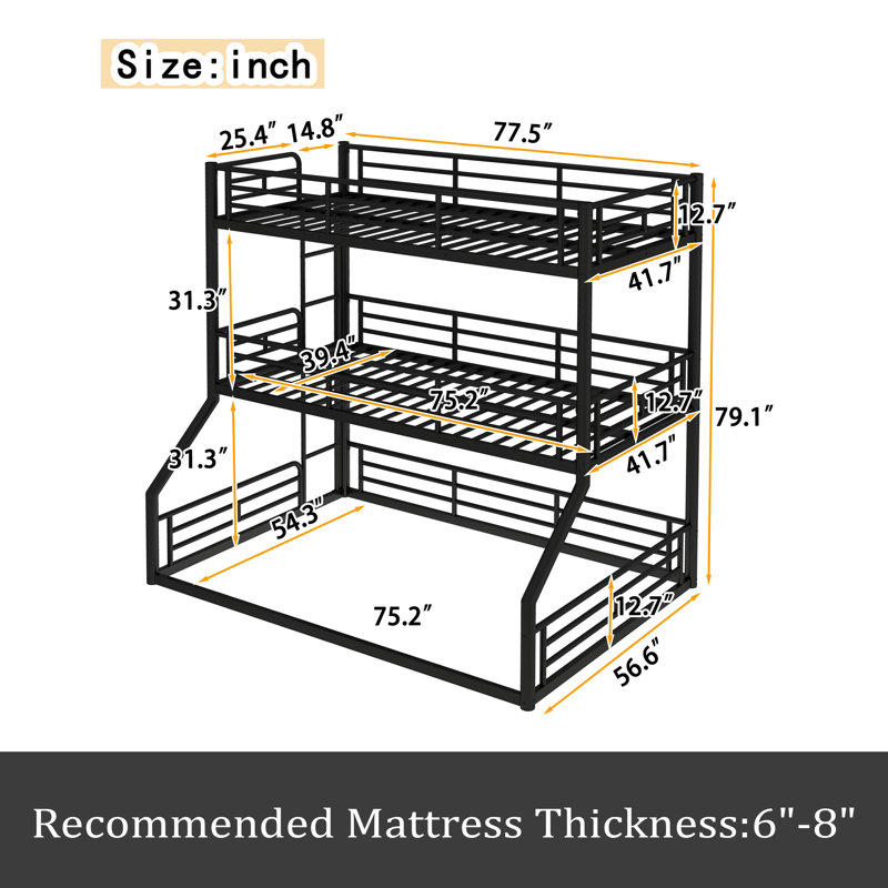 Twin Over Twin Over Full Bunk Bed, Black