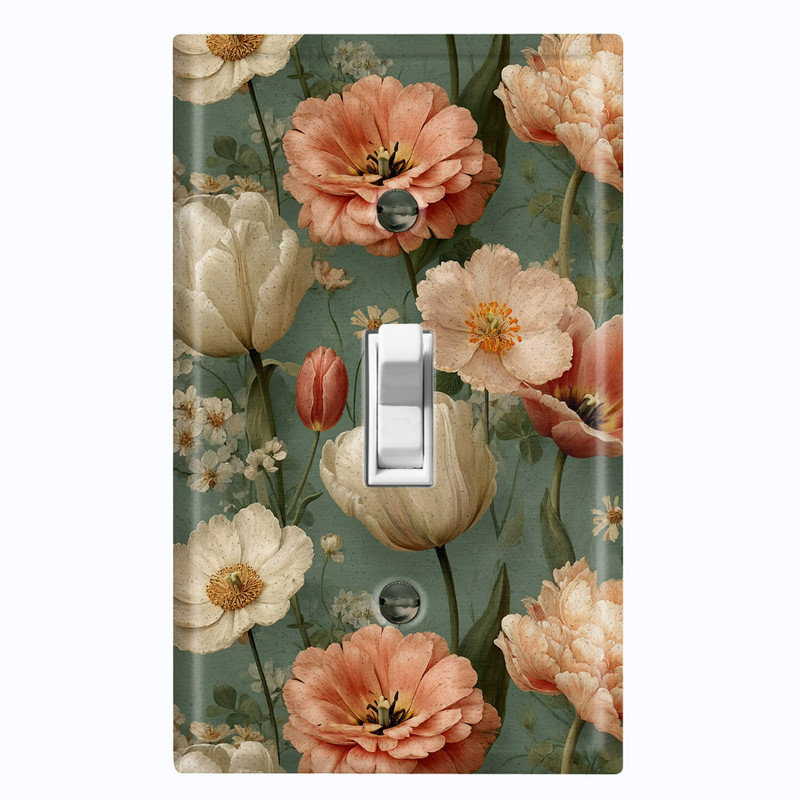 Couvercle de plaque d'interrupteur en métal; Bascule de taille standard US 1 - Fleurs rétro, # 1 à bascule simple