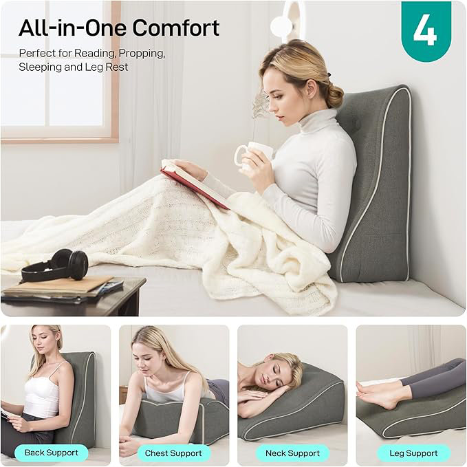 Sit-up Back Comfort Contour Wedge Pillow with Zipper Connector Headboard Velvet Reading Pillows for Sitting up In Bed Sofa Backrest Lumbar Support Cushion Compression