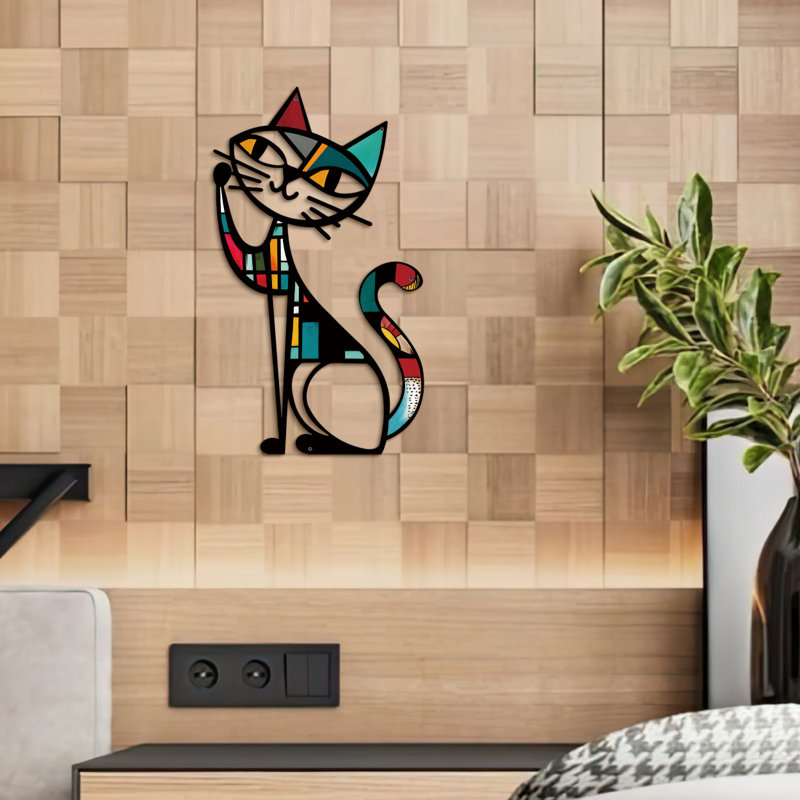 Cat Metal Wall Decor, Iron Wall Hanging for Cat Lovers, Colorful Mid-Century Geometric Retro Wall Sculpture for Living Room Bedroom Kitchen Office, 13.77 x 9.84 in