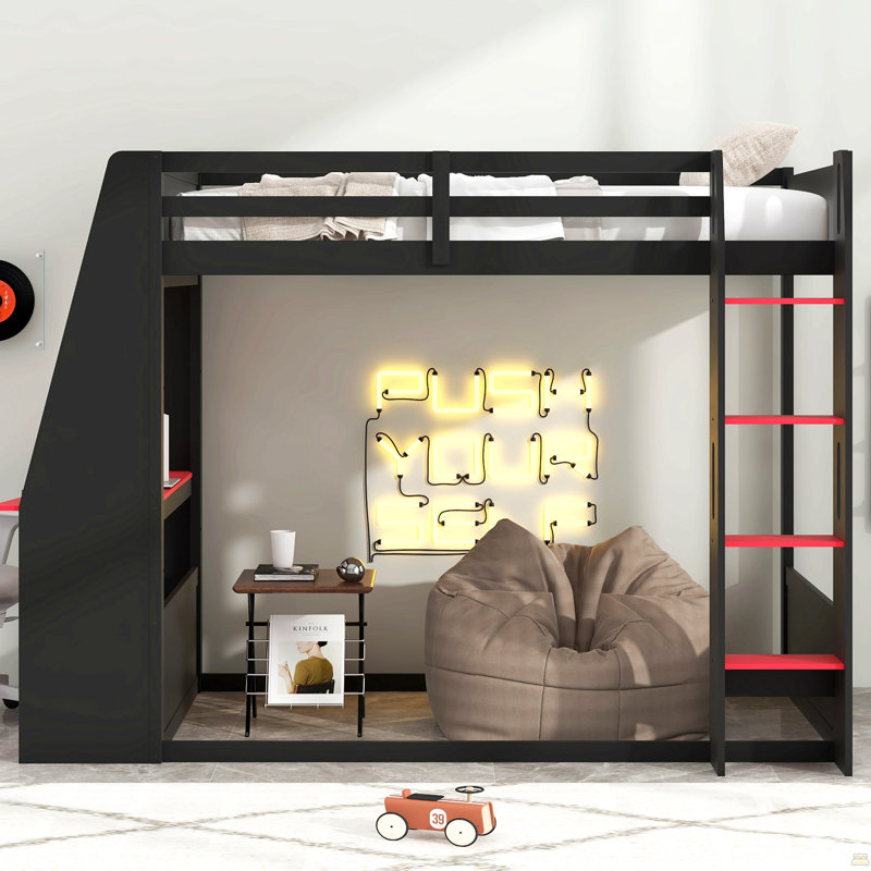 Lit simple superposé en bois avec bureau, deux tablettes de rangement, USB et lumière DEL, noir et rouge, Black,Red