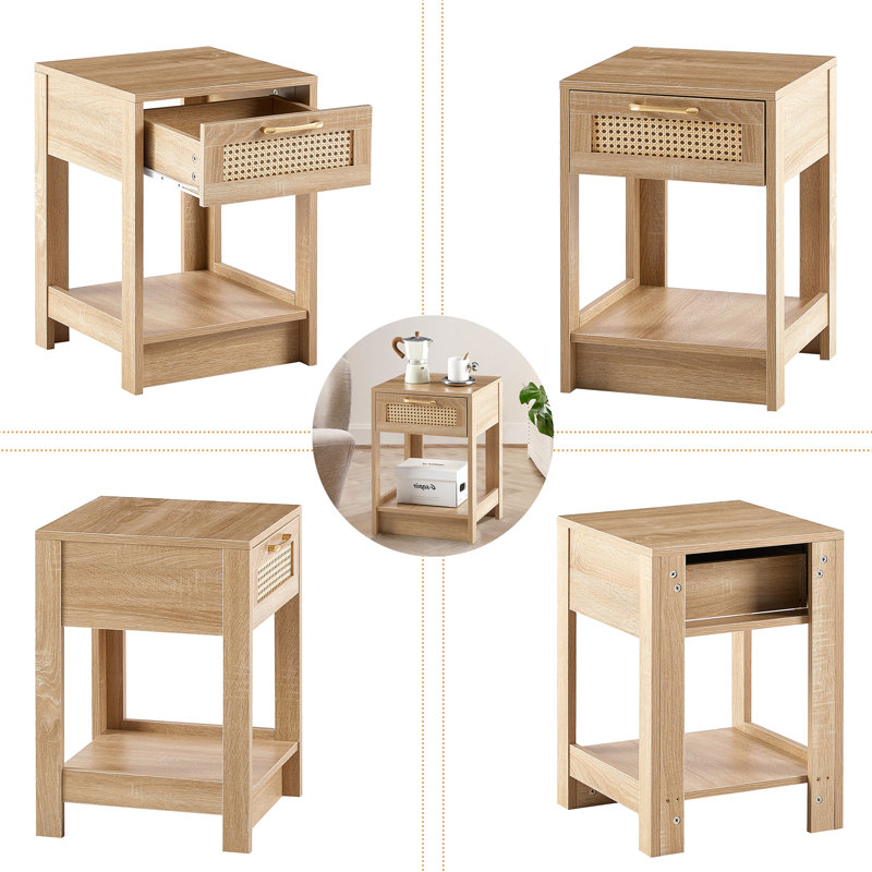 Alpern 15.75" Wide Rattan Drawer Natural End Table, WIth Open Storage Space With Mid-level Cut-outs And Solid Wood legs Side Table