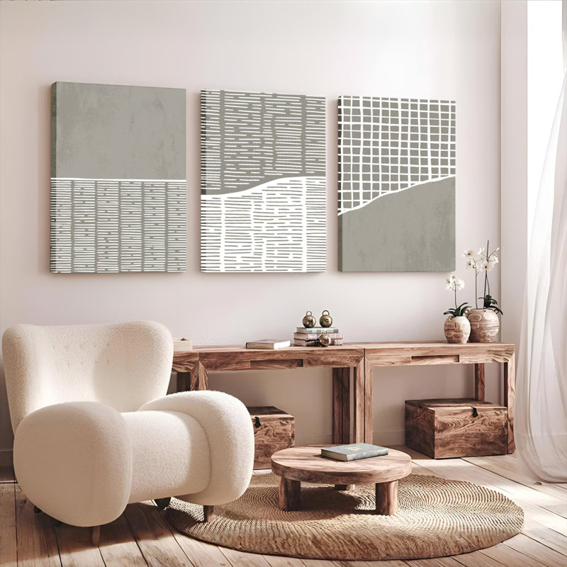 Béton et grille, ensemble d'art abstrait sur toile tendue sur toile pour 3 personnes, salon moderne, chambre à coucher ou bureau