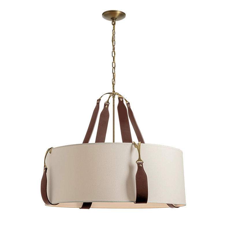 Saratoga 4 - Light Drum Pendant, Flax Shade, British Brown Leather, Antique Brass