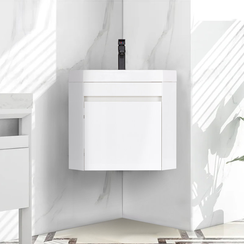 Ensemble de meuble-lavabo de coin simple 16 po avec lavabo en résine Baya, Blanc