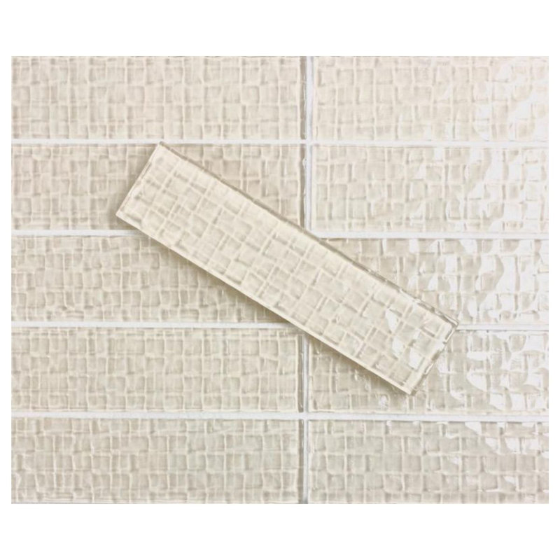 Metro Cubes 2 in. x 8 in. Textured Glass Straight Edge Subway Decorative Kitchen & Bathroom Wall Tile, Cream