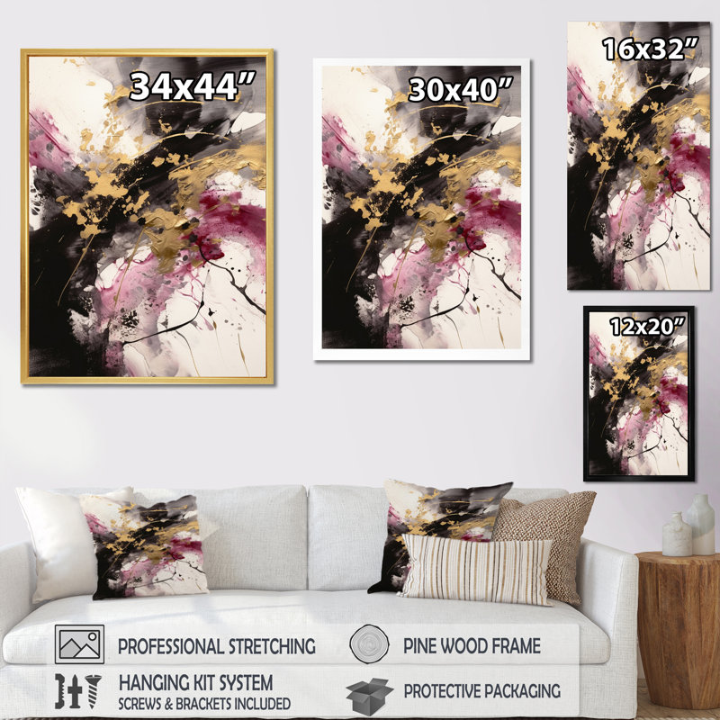 «Gold and Pink Fluid Fusion II», reproduction sur toile, H 32 po x l 24 po x P 1 po, Cadre simple noir