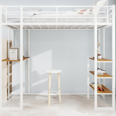 Lit simple à structure en fer blanc avec table et rampe intégrées, coffre-fort stable pour la chambre à coucher, pieds à double support, structure de bureau en L à faible encombrement, longue durée de vie
