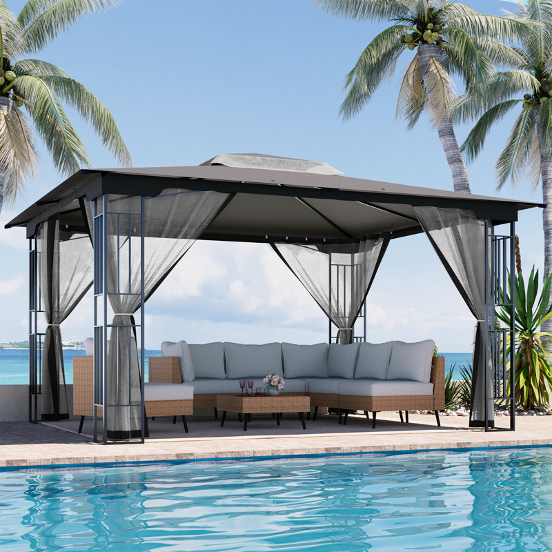 Pavillon de jardin à double toit 13 pi x 11 pi avec moustiquaire, abri de jardin robuste, 104.33" H x 128.34" W x 155.9" D