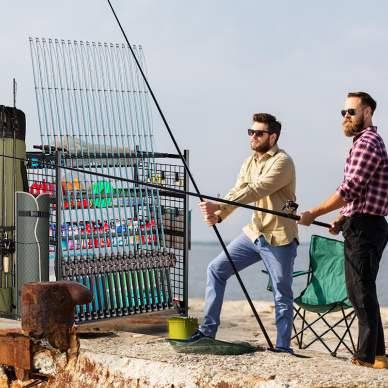 Rangement pour cannes à pêche avec 15 crochets pour le garage, support pour canne à pêche très grand et support pour cannes à pêche jusqu'à 20 cannes, chariot de rangement pour moulinets