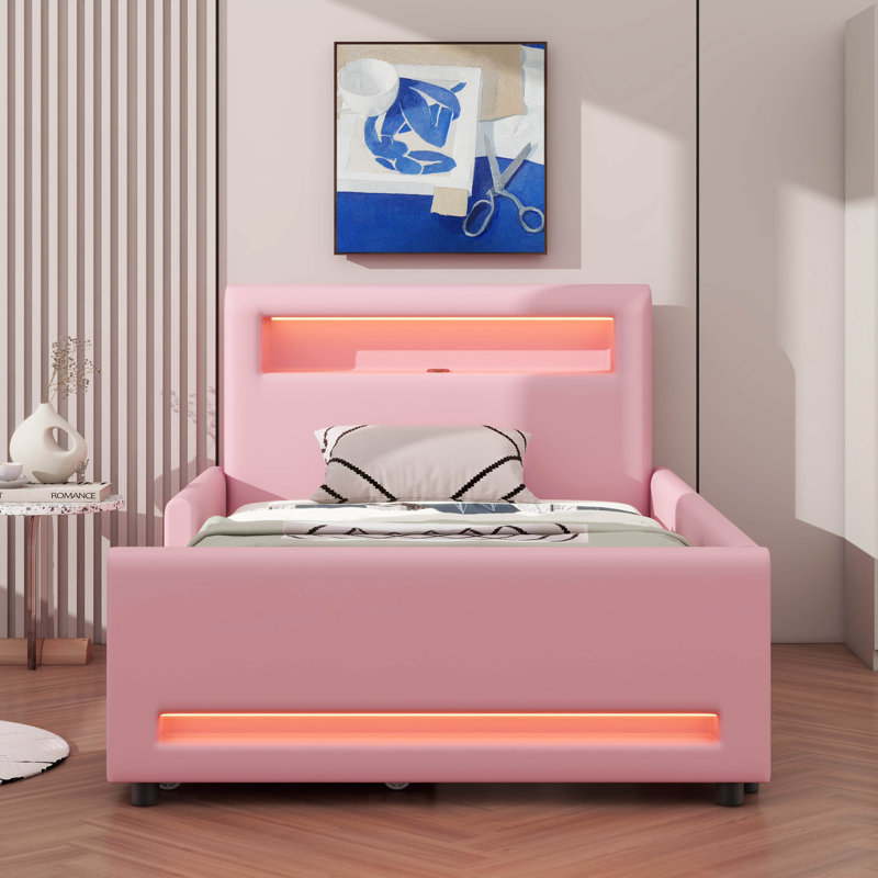 Lit plateforme simple rembourré avec tiroir intégré, bande lumineuse à DEL et port USB, Lit simple, Rose