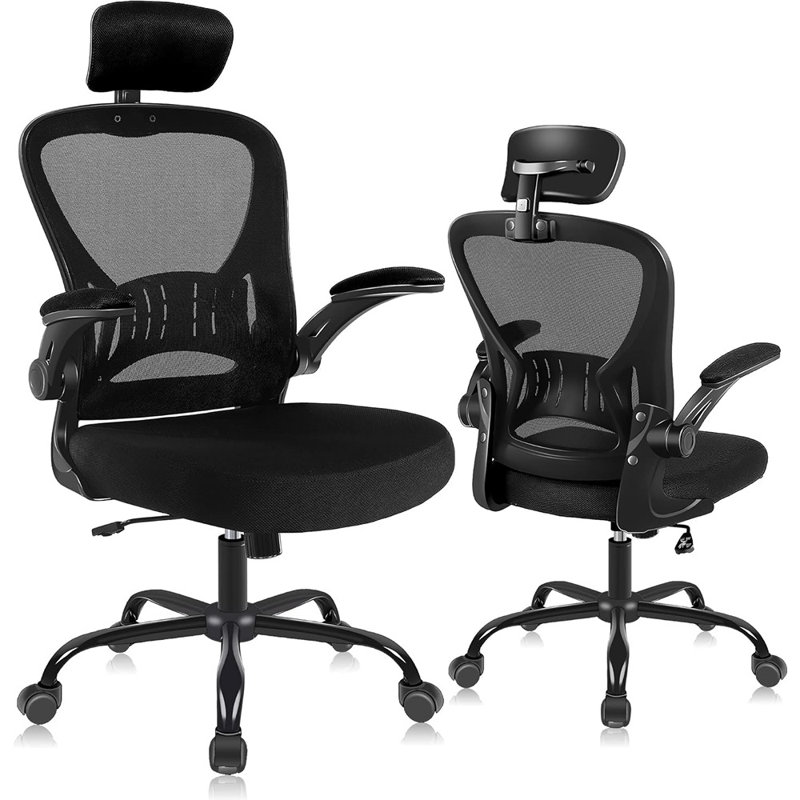 Ergonomic Office Chair With Adjustable Headrest & Lumbar Support, Desk Chair With Flip-Up Armrests, Comfortable For Home, Office, Conference Room