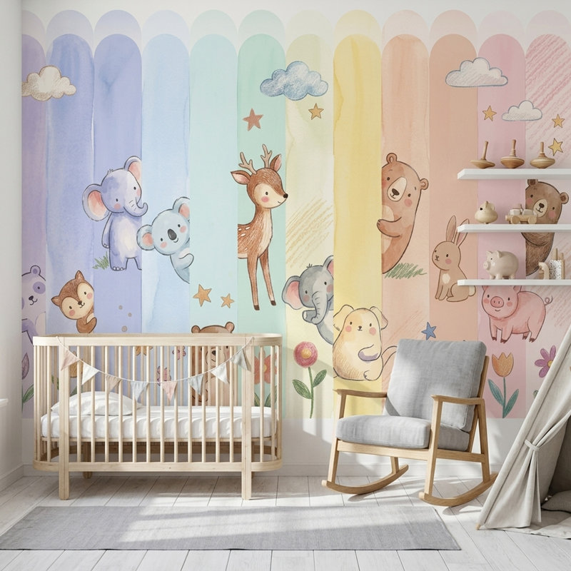 Papier peint amovible de chambre d'enfant animaux mignons pastel, 120 po x 96 po, Peler et coller