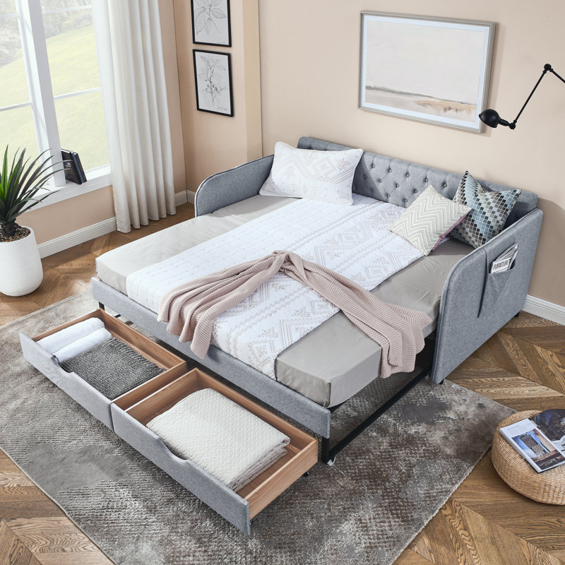 Mid-Century Tufted Upholstered Twin to King Expandable Daybed with Storage Drawers Grey, Grey