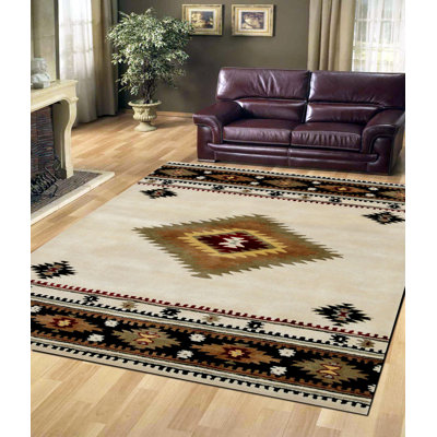 Tapis tribal en laine touffeté à la main ivoire et noir 8 pi x 11 pi - motif médaillon à losanges du sud-ouest