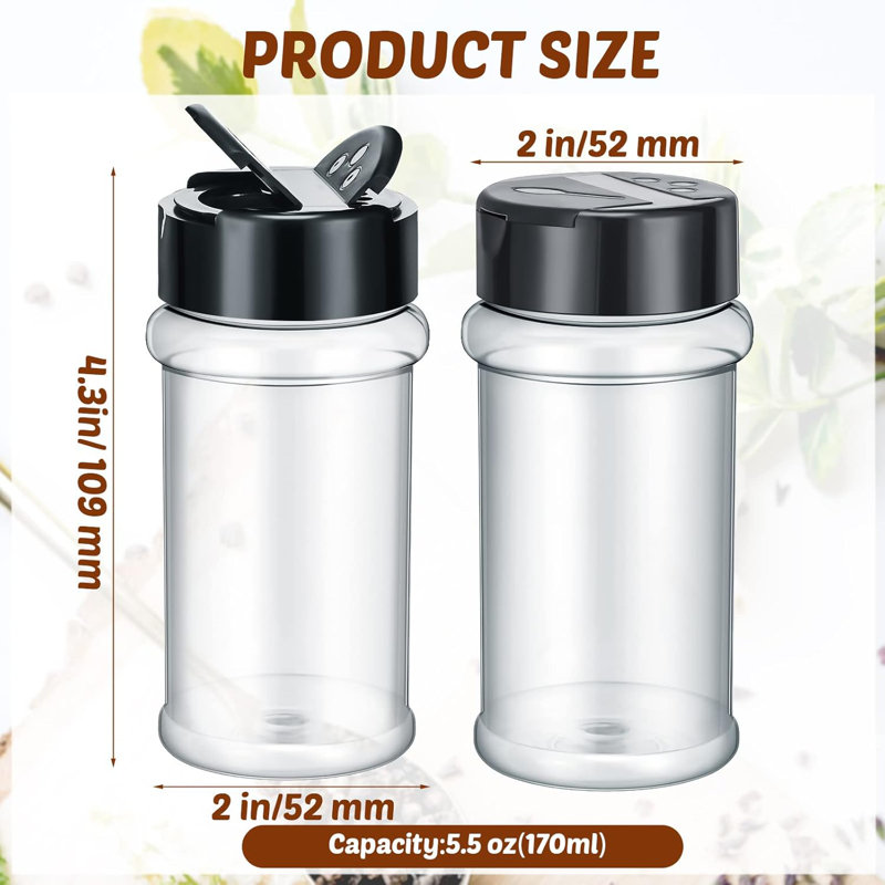 Paquet de 36 pots à épices en plastique transparent de 5,5 oz avec couvercles shaker noirs