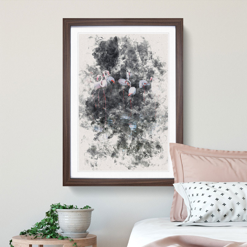 Reflection of Flamingos - Picture Frame Painting Print, Walnut Framed, 87cm H x 62cm W x 2cm D