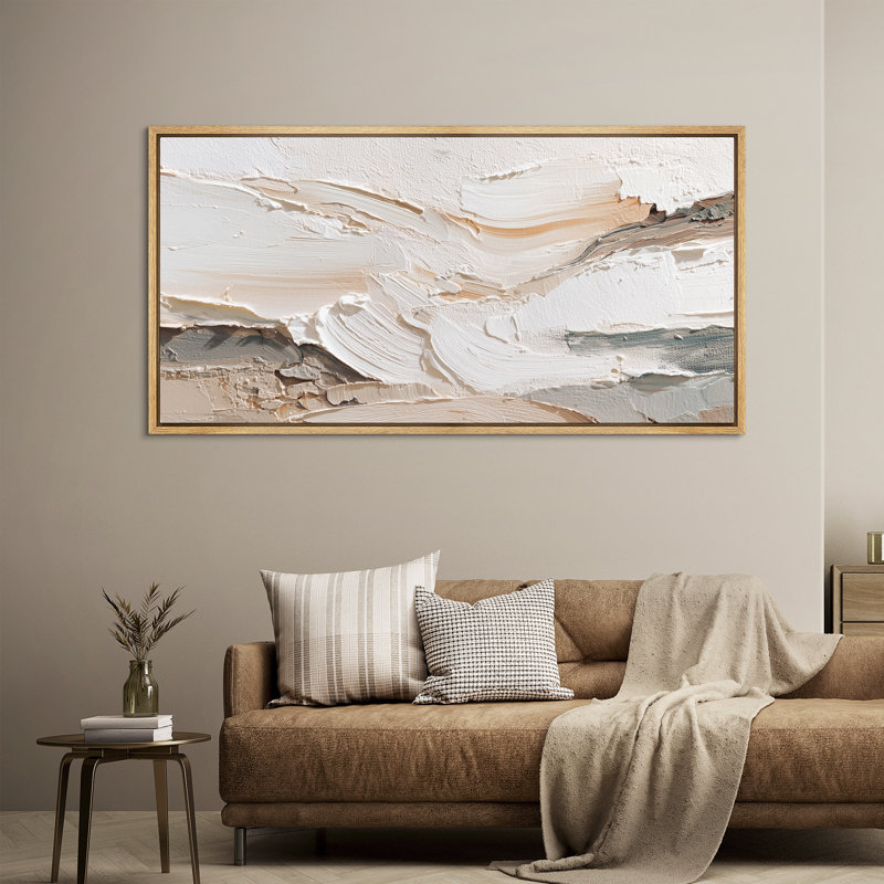 Neutral Cream and White Abstract Wall Art - Large Framed Canvas Master Bedroom Wall Art Print, Natural, 30" H x 60" W