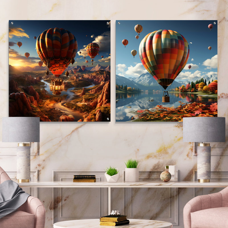 A Fantasy Art Représentation de montgolfières - montgolfière acrylique, ensemble de 2 verres muraux, H 16 po x l 33 po