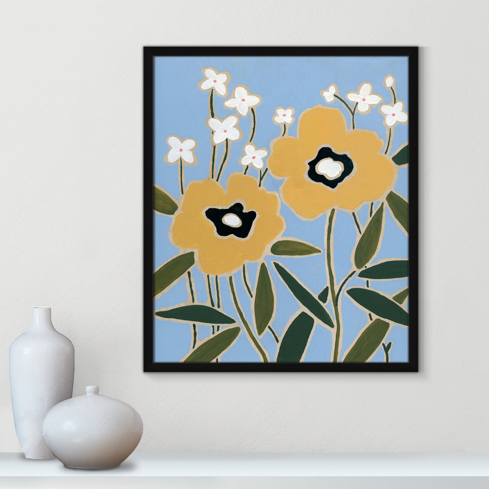 Woodblock Floral II by - Single Picture Frame Print, Satin Black Framed, 25.5" H x 21.5" W x 1.25" D