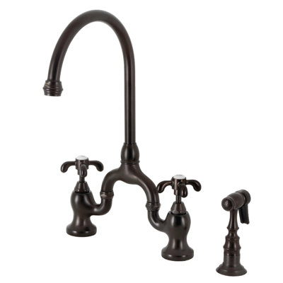 Kingston Brass French Country Two-Handle 3-Hole Deck Mount Bridge Kitchen Faucet with Brass Side Sprayer