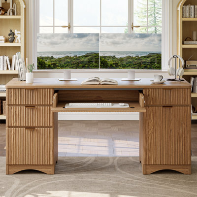 Labelle 62.99" Fluted Executive Computer Desk with 4 Storage Drawers &  Flip-Down Keyboard Tray,Modern Brown Oak Home Office Desk with Cabinet & Adjustable Shelf